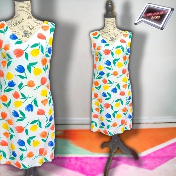 VINTAGE 1960's Mod Bright Tulip Waffle Weave Sundress, Medium - Picture 1 of 8